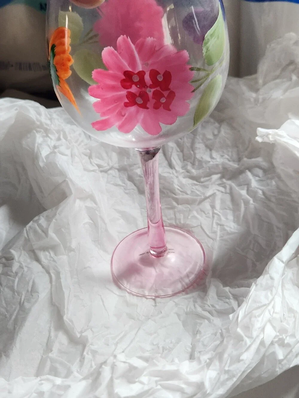 Hand-Painted Pink Stem Wine Glasses (Plus 1 Free), Floral & Butterfly Design